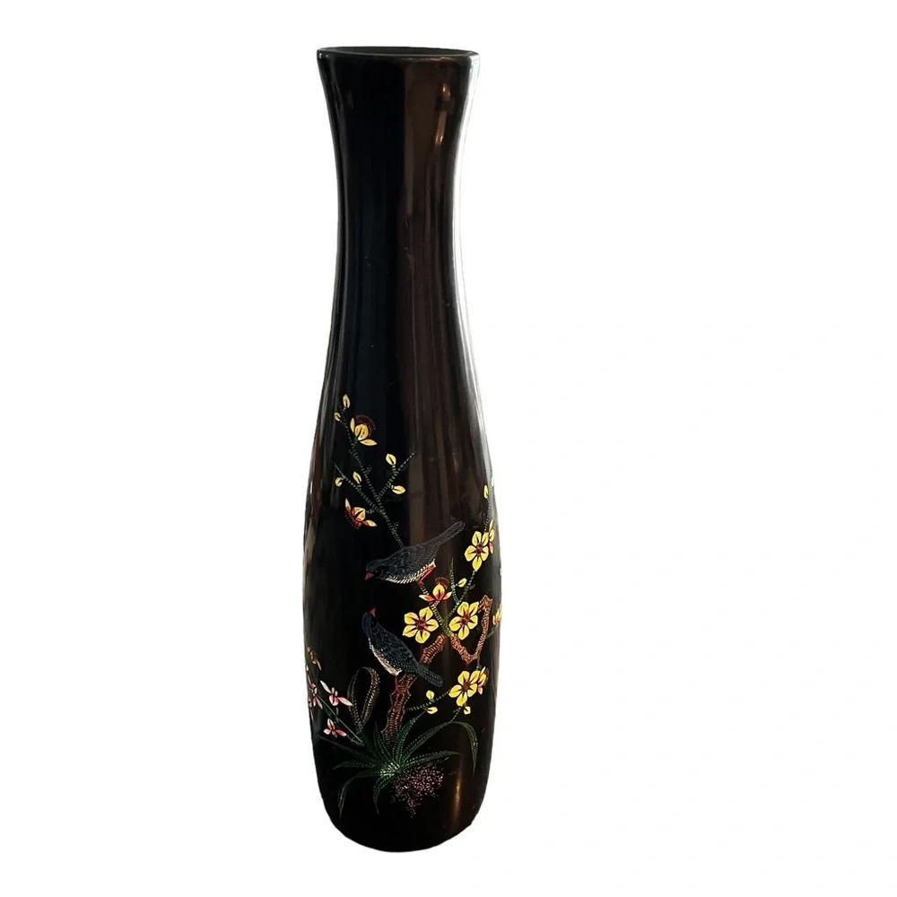 Vintage Lacquered Vase Black Wood Japan Birds Flowers  Butterfly 14”